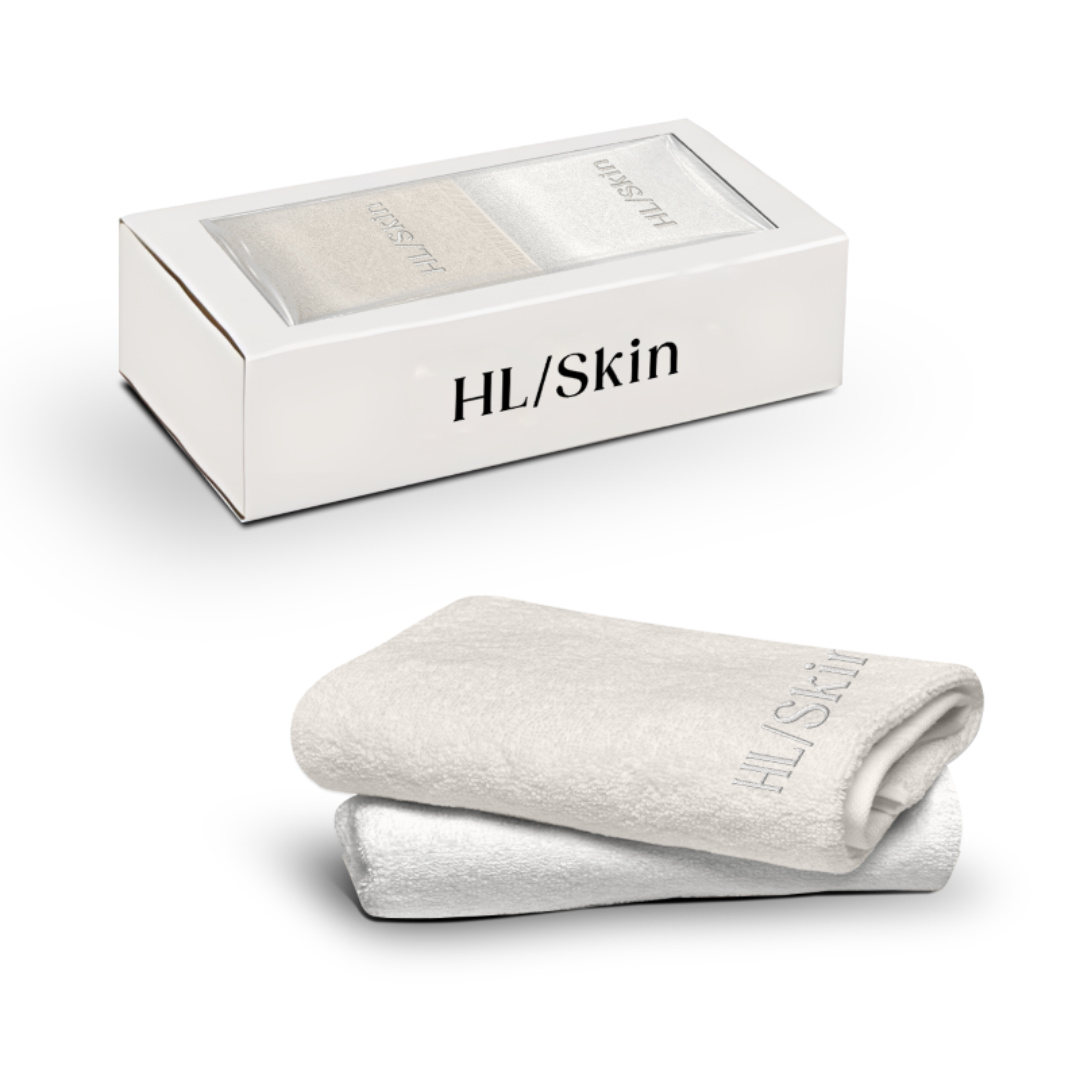 HL/Skin Face Towels set of two soft white cotton face towels with embroidered branding and packaging