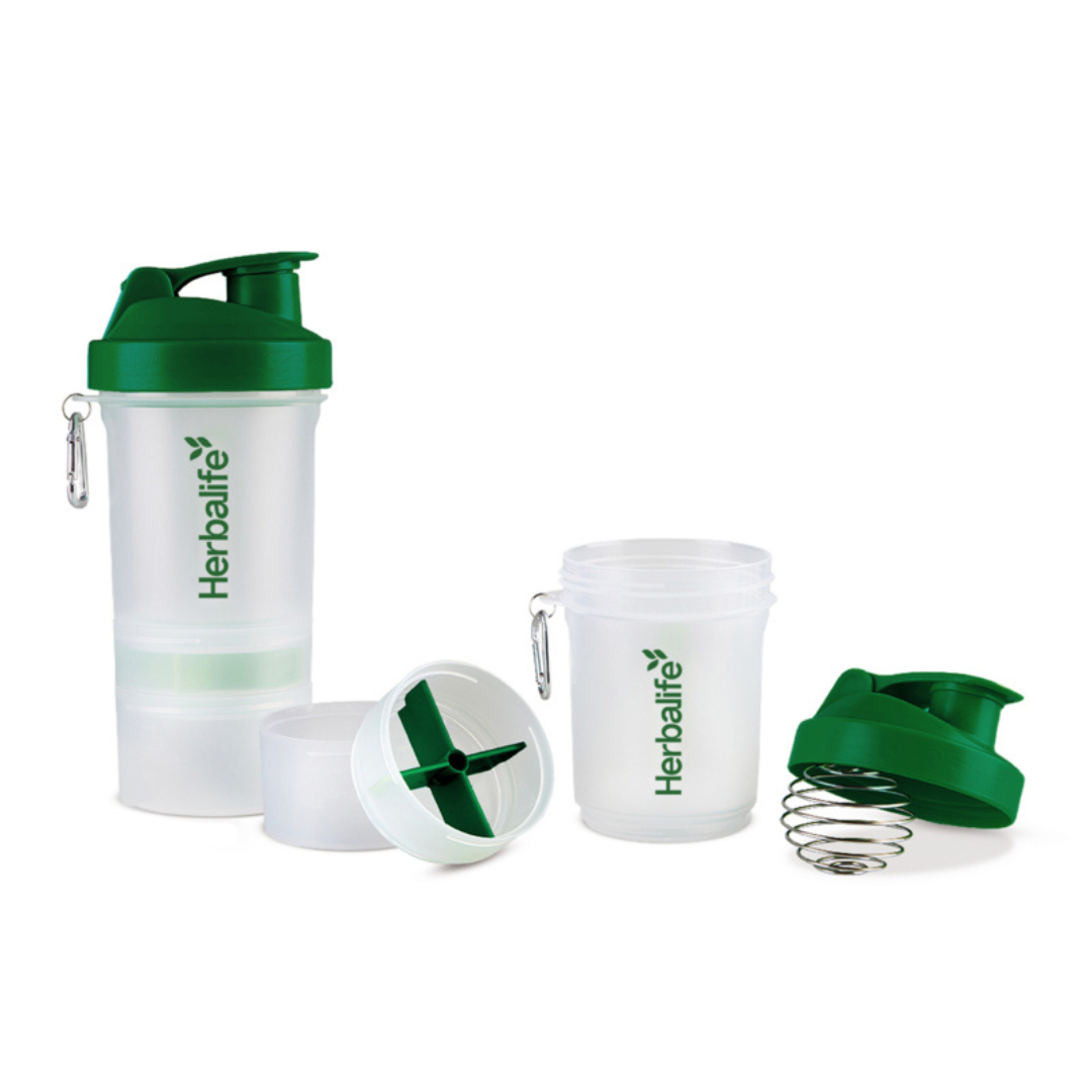 Herbalife Smart Shaker with whisk ball and two screw-on storage compartments for powder and tablets