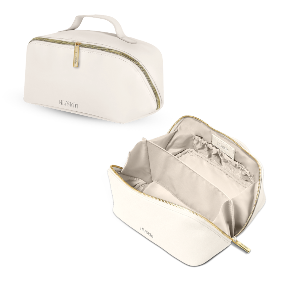 HL/Skin Cosmetic Bag in light beige vegan leather with zip closure and carry handle