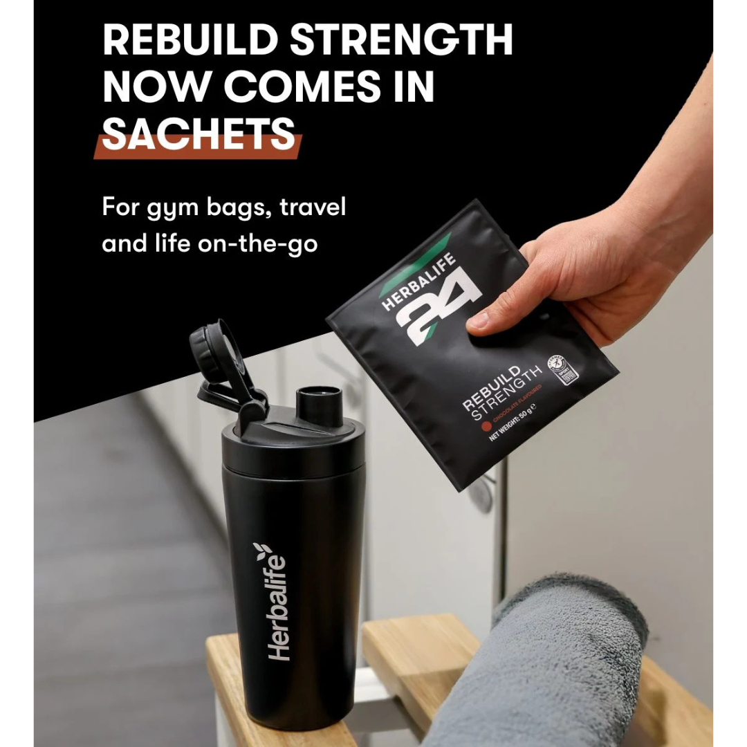 H24 Rebuild Strength Chocolate sachets box, 7 single-serve protein shakes