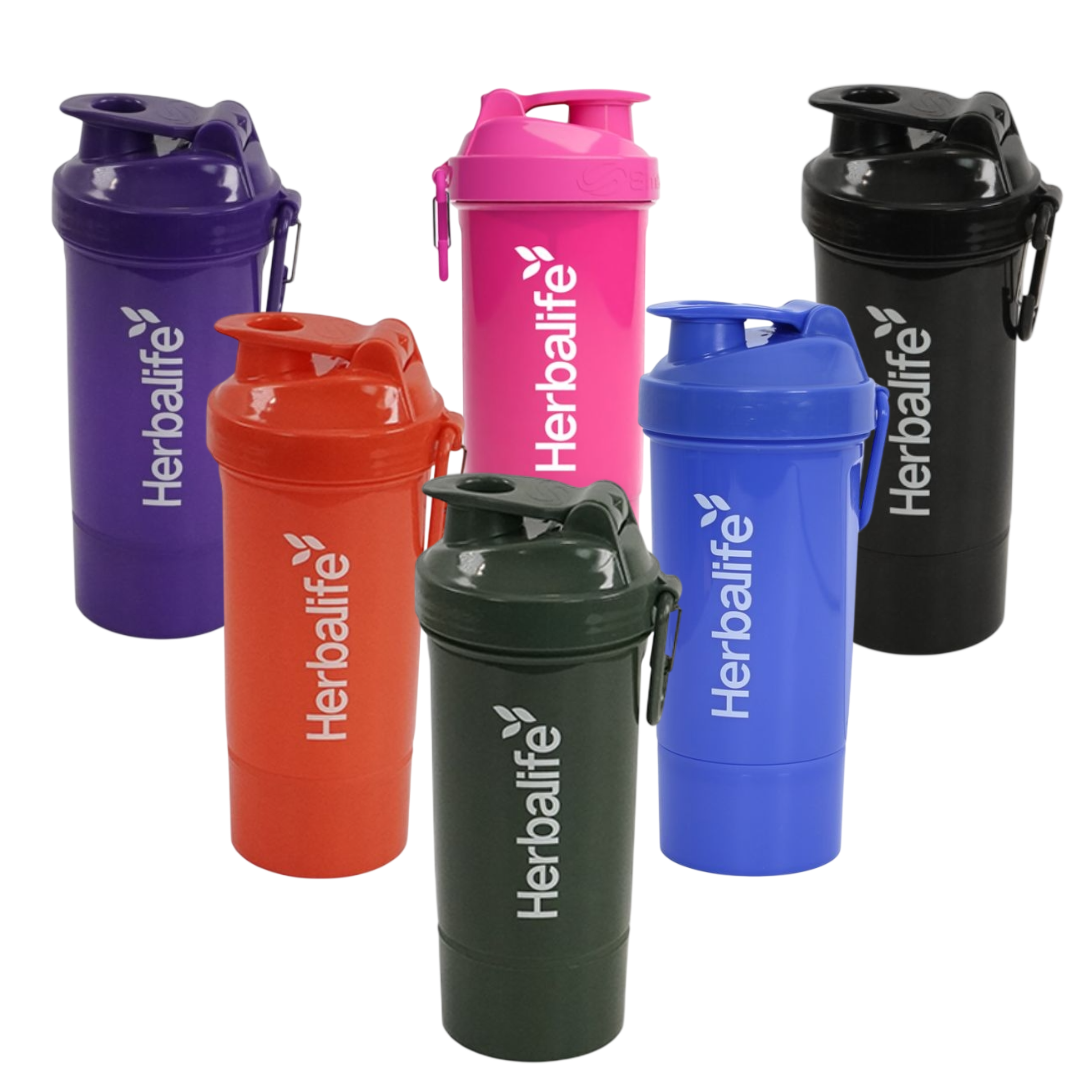 Herbalife Neon Shaker 500 ml with additional compartment for shake powder and tablets, available in six colours