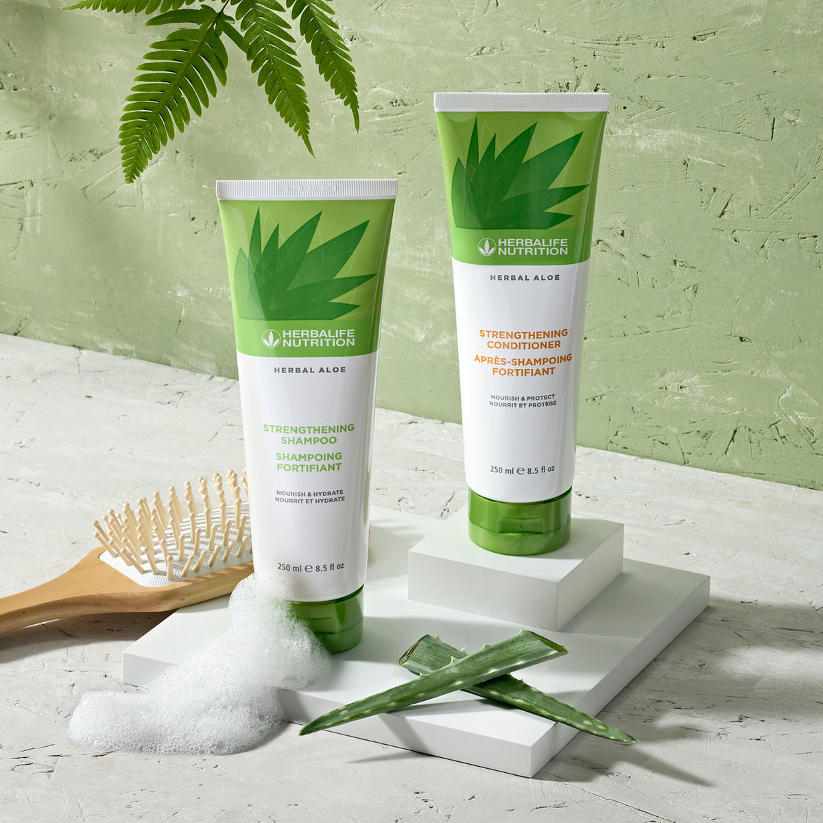 Herbal Aloe Strengthening Shampoo and Conditioner kit with two 250 ml haircare tubes